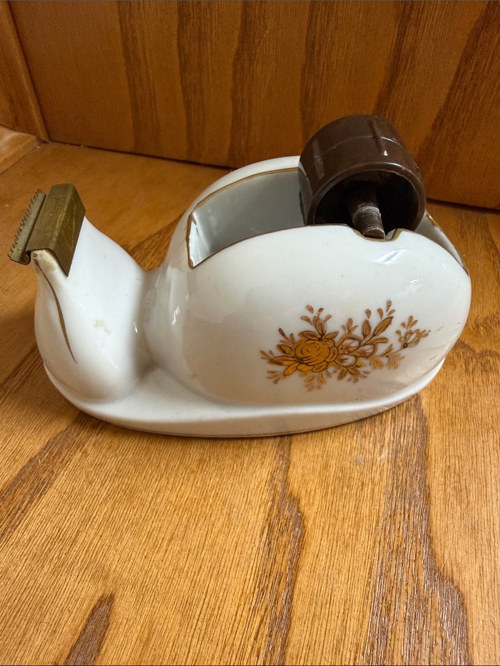 Vintage Ceramic Floral Tape Dispenser in White & Gold with Gold Trim Grandmacore